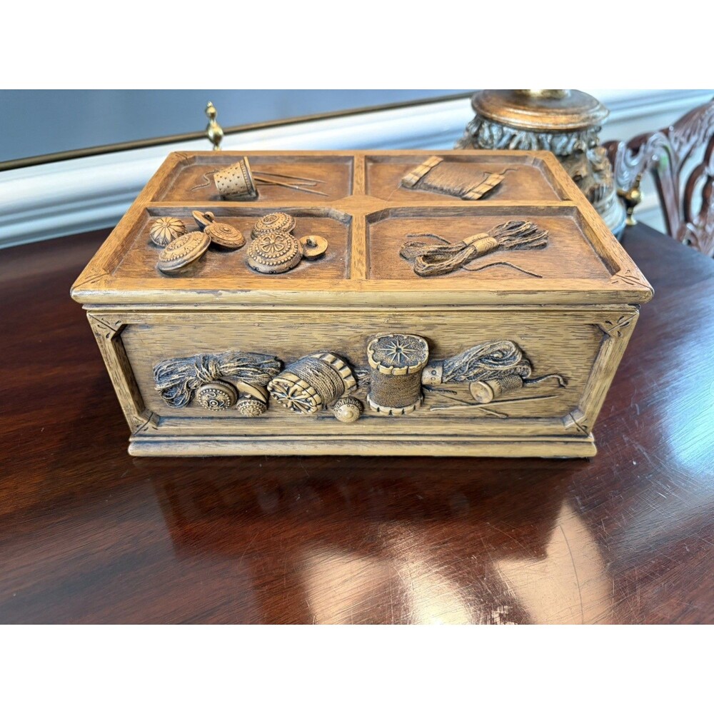 Vintage Sewing Box Needles and Thread Design Scissors Buttons Woodgrain Resin